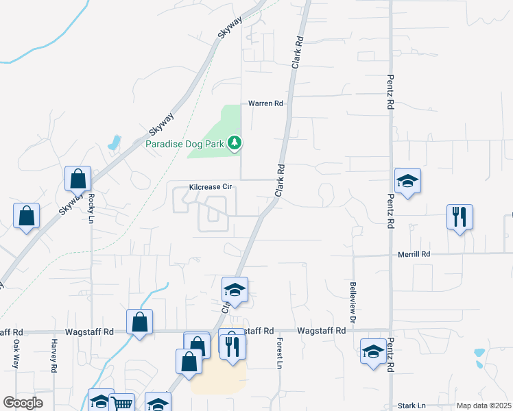 map of restaurants, bars, coffee shops, grocery stores, and more near 6849 Clark Road in Paradise