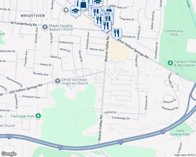 map of restaurants, bars, coffee shops, grocery stores, and more near 22 Old Yellow Springs Road in Fairborn