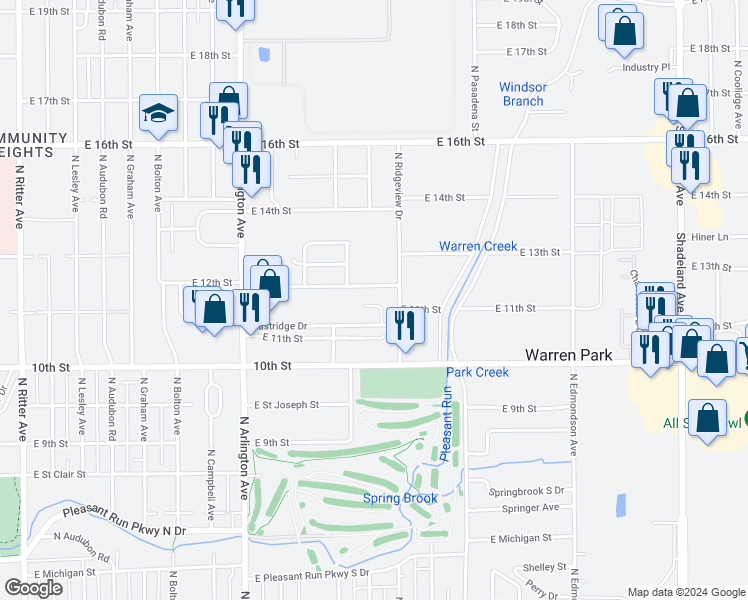 map of restaurants, bars, coffee shops, grocery stores, and more near 6226 East 12th Street in Indianapolis