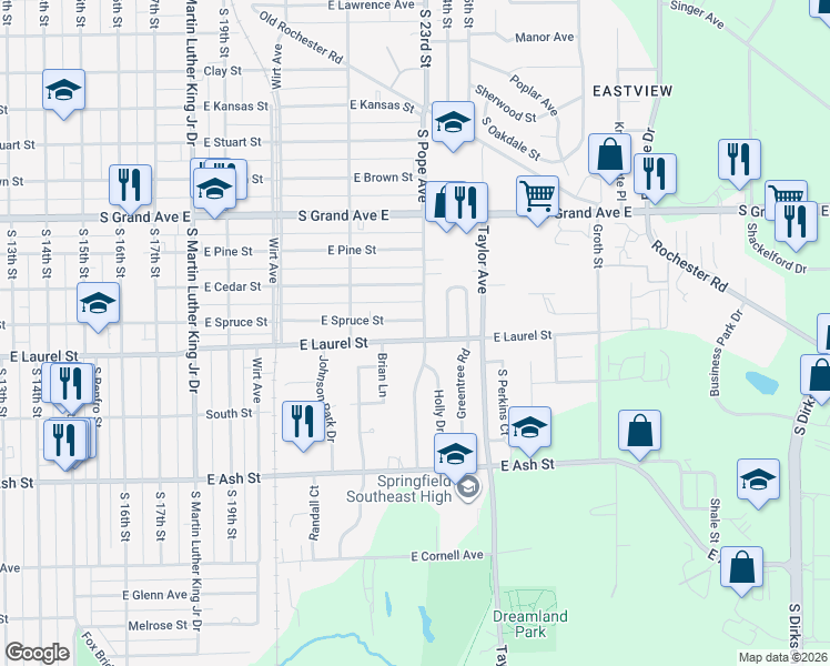 map of restaurants, bars, coffee shops, grocery stores, and more near 1620 South Pope Avenue in Springfield