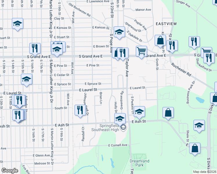 map of restaurants, bars, coffee shops, grocery stores, and more near 1620 South Pope Avenue in Springfield