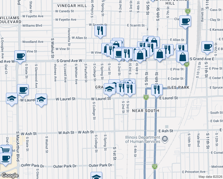 map of restaurants, bars, coffee shops, grocery stores, and more near 1514 South 1st Street in Springfield