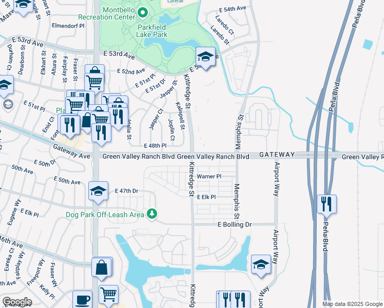 map of restaurants, bars, coffee shops, grocery stores, and more near Green Valley Ranch Blvd & Kittredge St in Denver