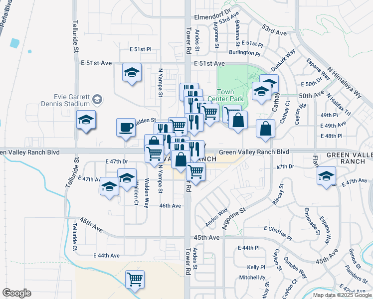 map of restaurants, bars, coffee shops, grocery stores, and more near Green Valley Ranch Boulevard in Denver