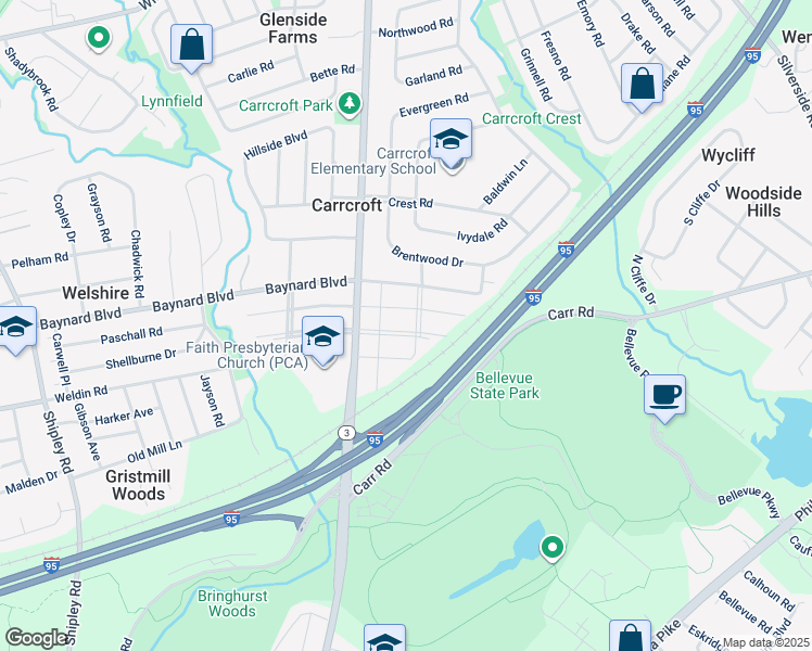 map of restaurants, bars, coffee shops, grocery stores, and more near 409 Rowland Park Boulevard in Wilmington