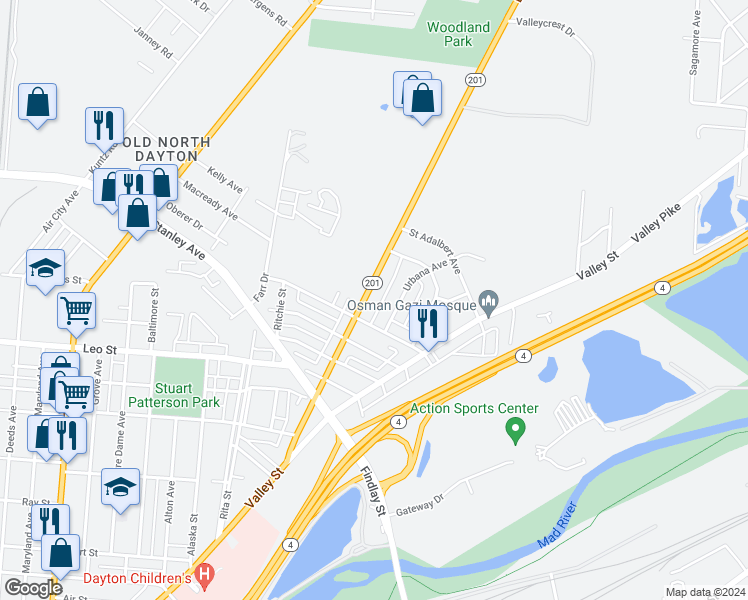 map of restaurants, bars, coffee shops, grocery stores, and more near 526 Brandt Street in Dayton