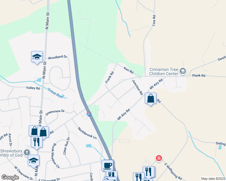map of restaurants, bars, coffee shops, grocery stores, and more near 680 Plank Road in New Freedom
