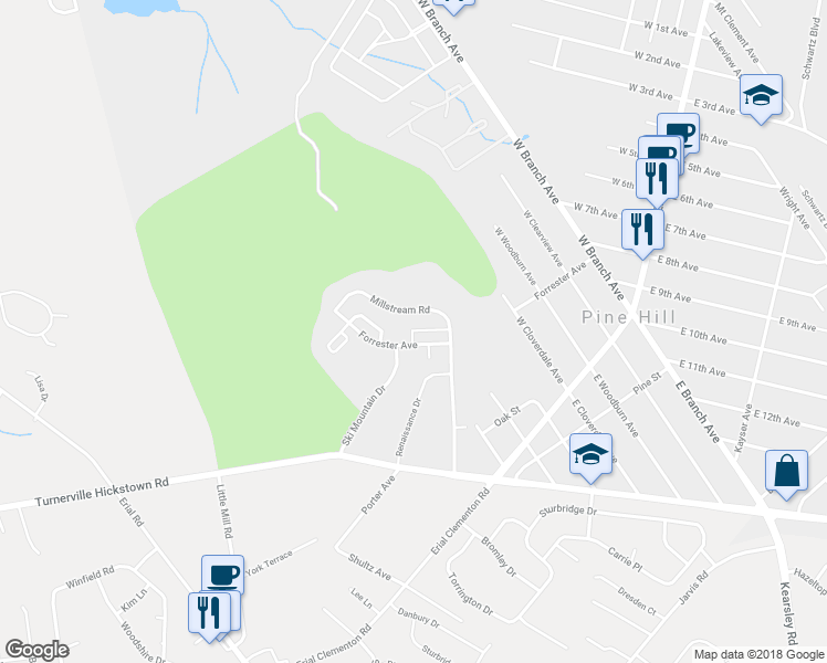map of restaurants, bars, coffee shops, grocery stores, and more near 99 Gristmill Lane in Pine Hill