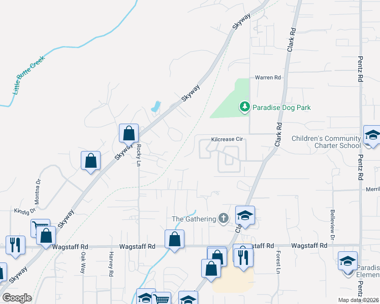 map of restaurants, bars, coffee shops, grocery stores, and more near 1383 Forest Srv Road in Paradise
