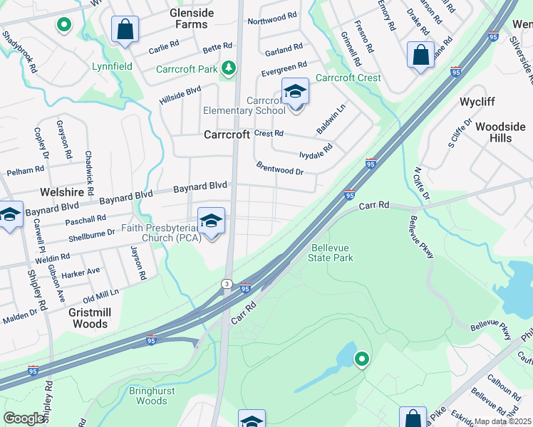 map of restaurants, bars, coffee shops, grocery stores, and more near 409 Rowland Park Boulevard in Wilmington