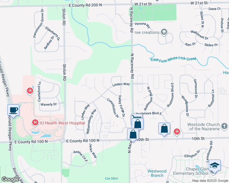 map of restaurants, bars, coffee shops, grocery stores, and more near 1343 Cornwallis Lane in Indianapolis