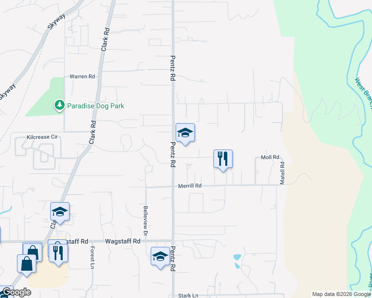 map of restaurants, bars, coffee shops, grocery stores, and more near 6830 Pentz Road in Paradise