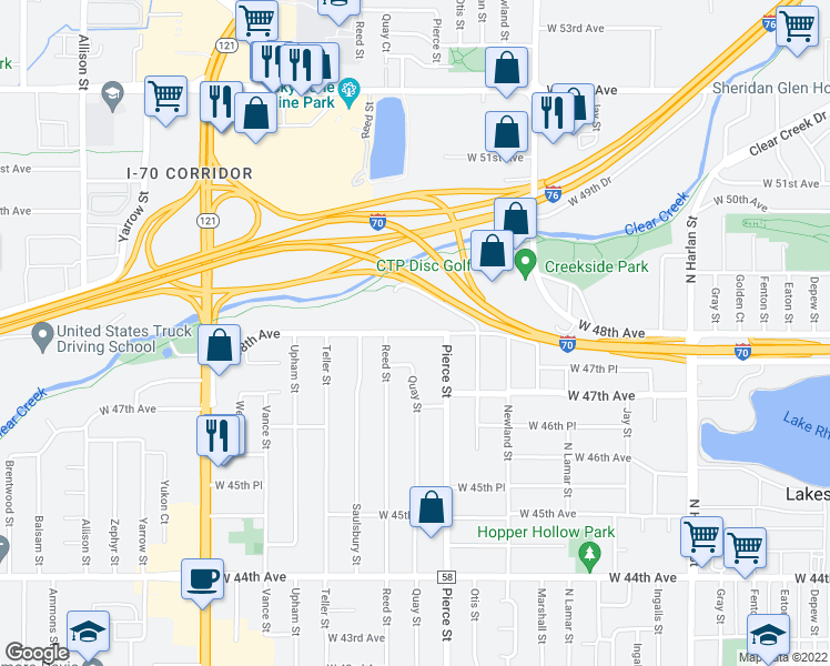 map of restaurants, bars, coffee shops, grocery stores, and more near 6906 West 48th Avenue in Wheat Ridge