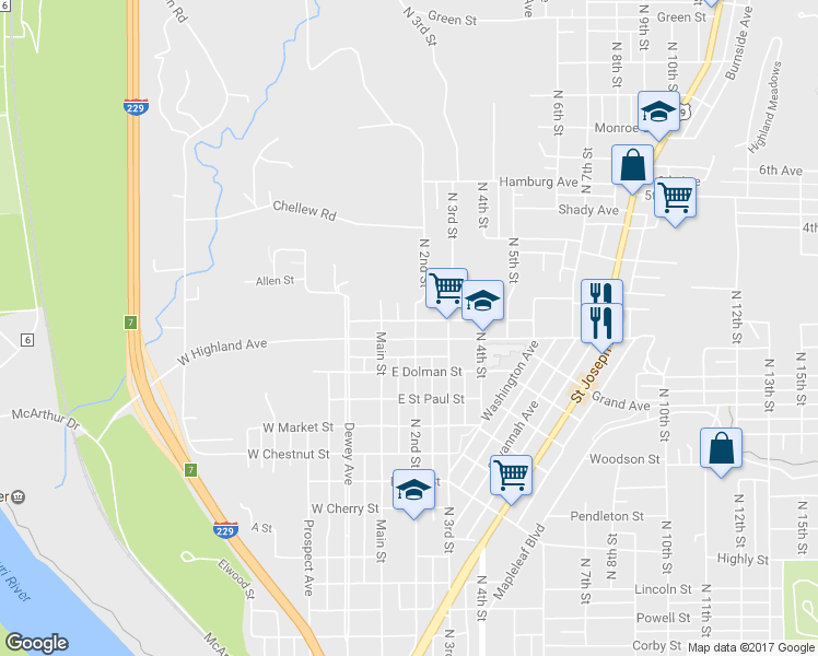 map of restaurants, bars, coffee shops, grocery stores, and more near 121 East Highland Avenue in St. Joseph