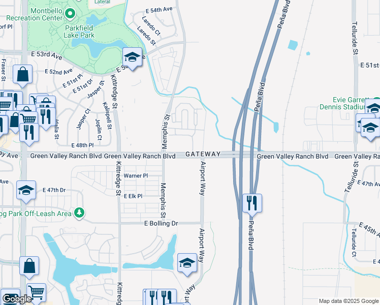 map of restaurants, bars, coffee shops, grocery stores, and more near 16101 Green Valley Ranch Boulevard in Denver