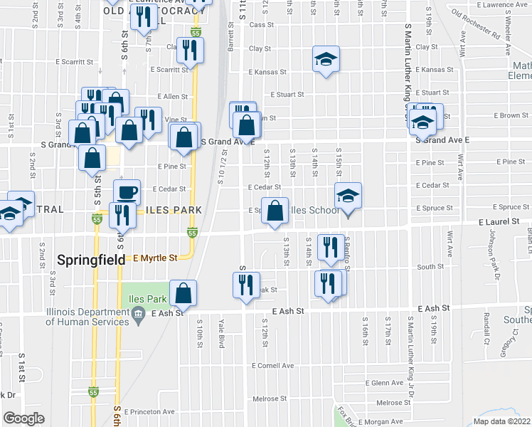 map of restaurants, bars, coffee shops, grocery stores, and more near 1130 East Spruce Street in Springfield