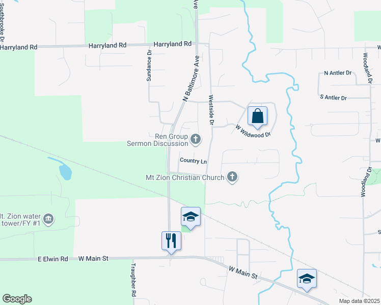 map of restaurants, bars, coffee shops, grocery stores, and more near 698 Country Court in Mount Zion