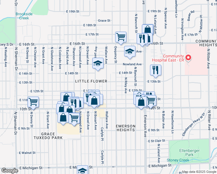 map of restaurants, bars, coffee shops, grocery stores, and more near 4821 East 13th Street in Indianapolis