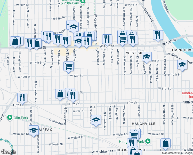 map of restaurants, bars, coffee shops, grocery stores, and more near 1206 North Concord Street in Indianapolis