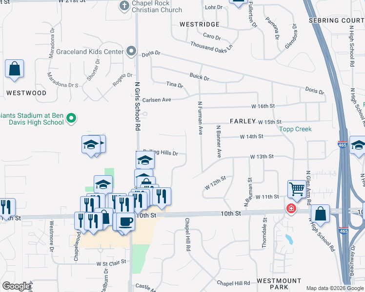 map of restaurants, bars, coffee shops, grocery stores, and more near 1410 Topp Creek Drive in Indianapolis
