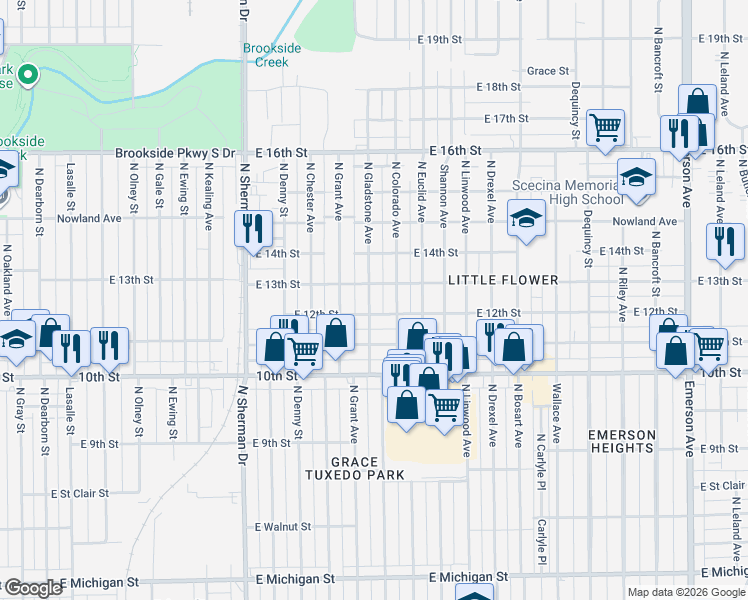 map of restaurants, bars, coffee shops, grocery stores, and more near 1302 North Gladstone Avenue in Indianapolis