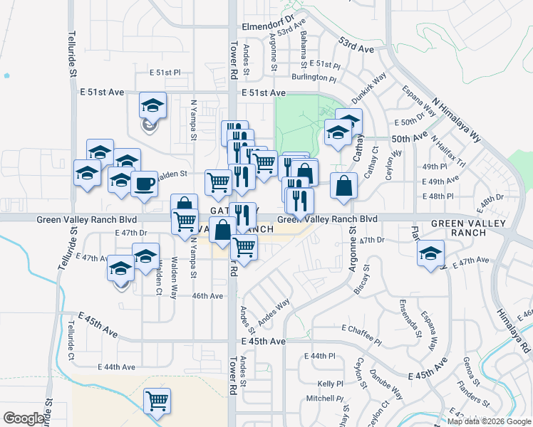 map of restaurants, bars, coffee shops, grocery stores, and more near 18603 Green Valley Ranch Boulevard in Denver