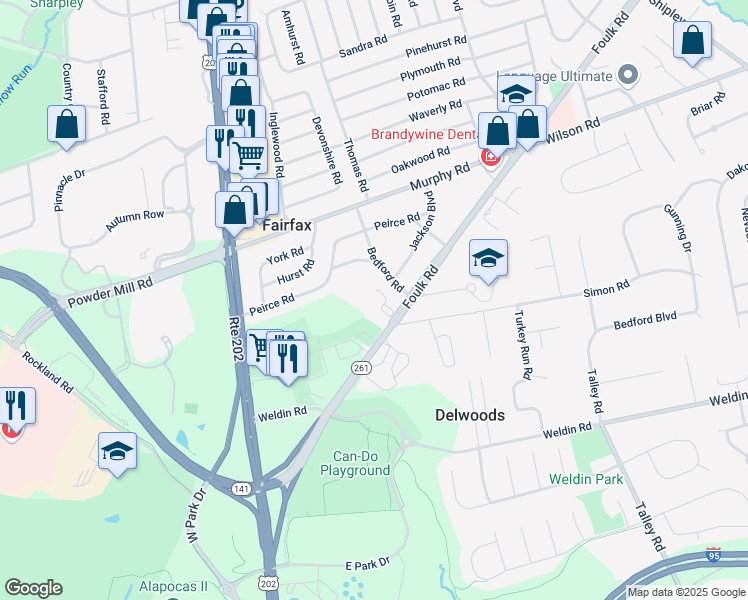 map of restaurants, bars, coffee shops, grocery stores, and more near 1600 Bedford Road in Wilmington