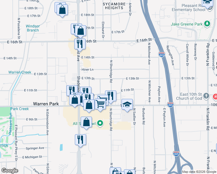 map of restaurants, bars, coffee shops, grocery stores, and more near 7167 East 13th Street in Indianapolis