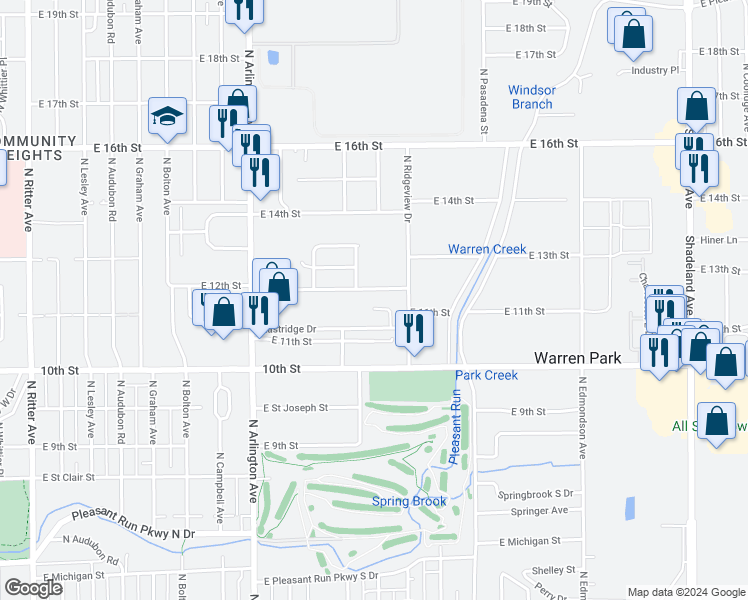 map of restaurants, bars, coffee shops, grocery stores, and more near 6204 East 12th Street in Indianapolis