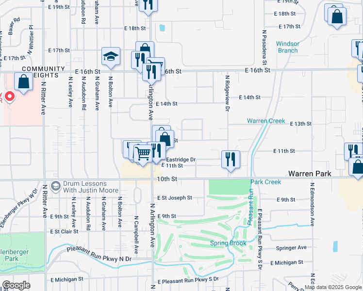 map of restaurants, bars, coffee shops, grocery stores, and more near 6136 East 12th Street in Indianapolis