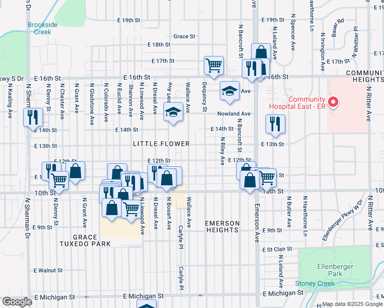 map of restaurants, bars, coffee shops, grocery stores, and more near 4821 East 13th Street in Indianapolis