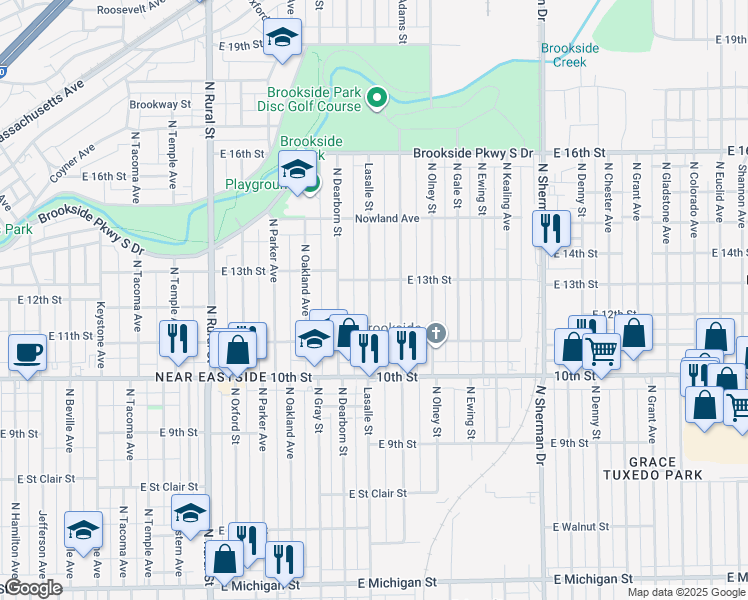 map of restaurants, bars, coffee shops, grocery stores, and more near 3317 East 13th Street in Indianapolis