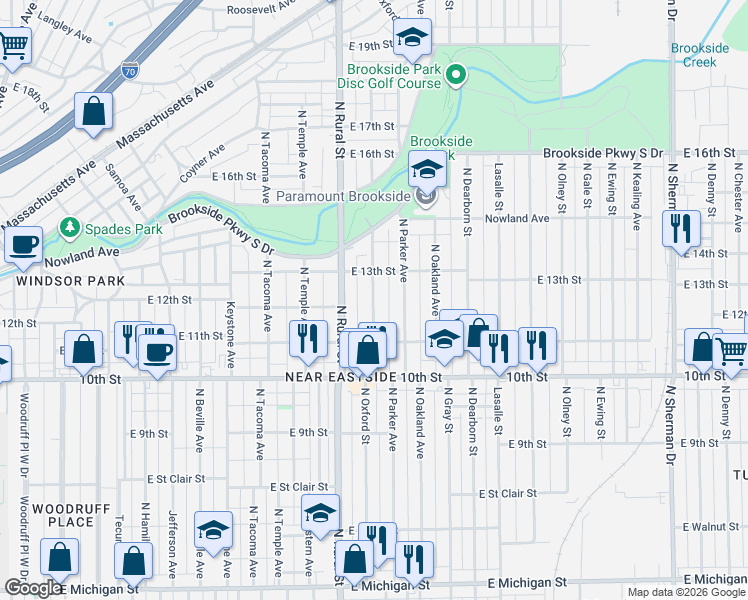 map of restaurants, bars, coffee shops, grocery stores, and more near 1229 North Oxford Street in Indianapolis