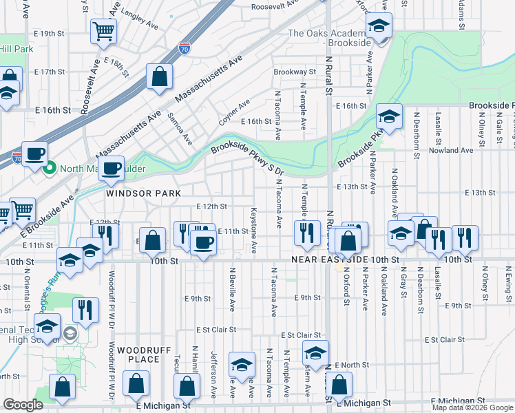 map of restaurants, bars, coffee shops, grocery stores, and more near 1225 Keystone Avenue in Indianapolis