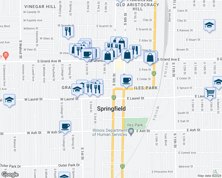 map of restaurants, bars, coffee shops, grocery stores, and more near 1512 South 4th Street in Springfield
