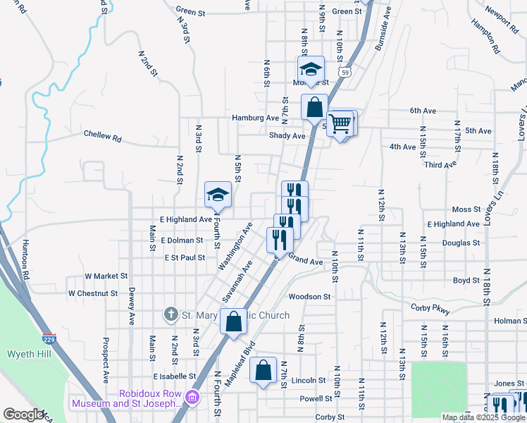 map of restaurants, bars, coffee shops, grocery stores, and more near 622 Hardin Street in Saint Joseph