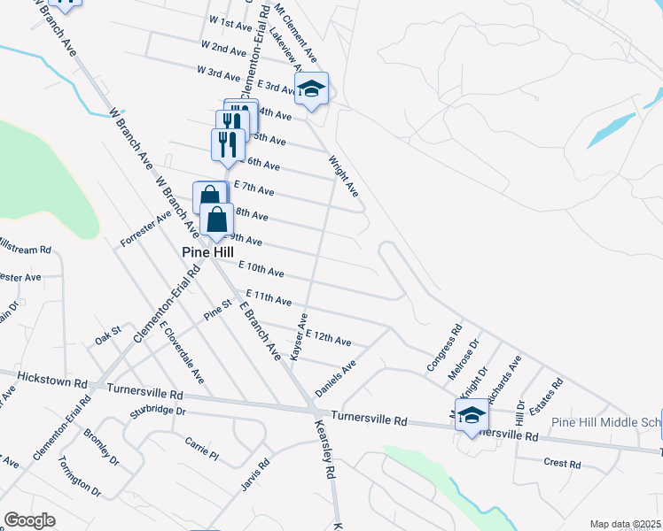 map of restaurants, bars, coffee shops, grocery stores, and more near 112 East 9th Avenue in Pine Hill