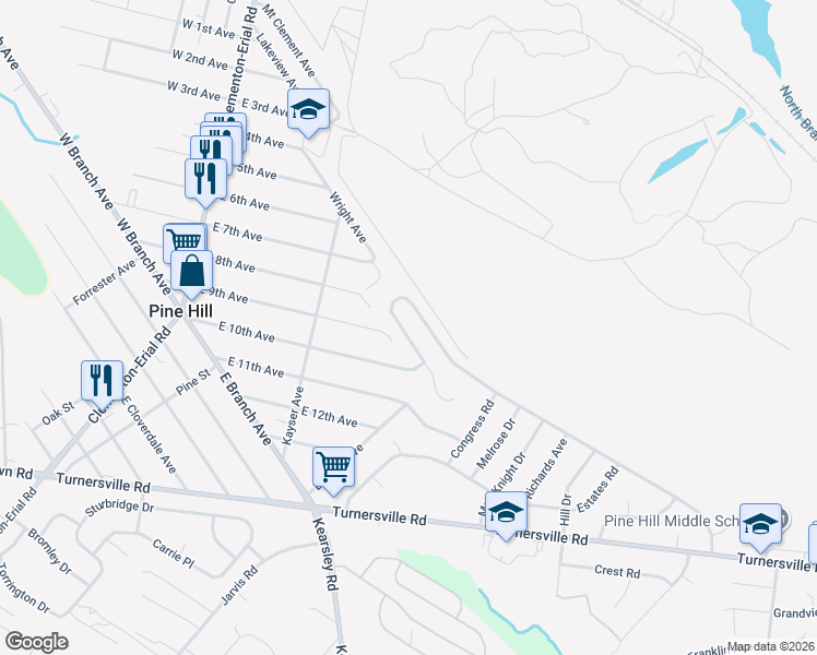 map of restaurants, bars, coffee shops, grocery stores, and more near 45 Country Club Road in Pine Hill