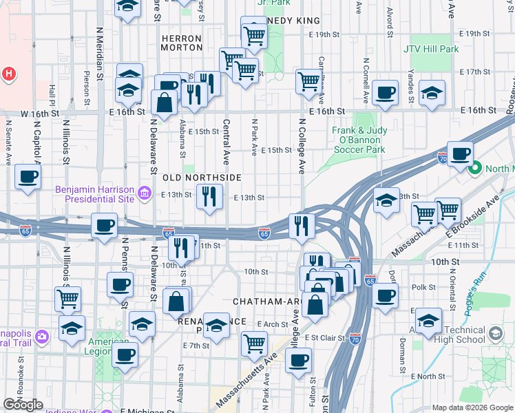 map of restaurants, bars, coffee shops, grocery stores, and more near 1306 North Park Avenue in Indianapolis