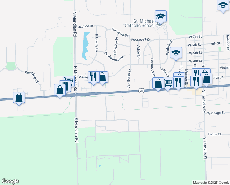 map of restaurants, bars, coffee shops, grocery stores, and more near 2001 West Main Street in Greenfield