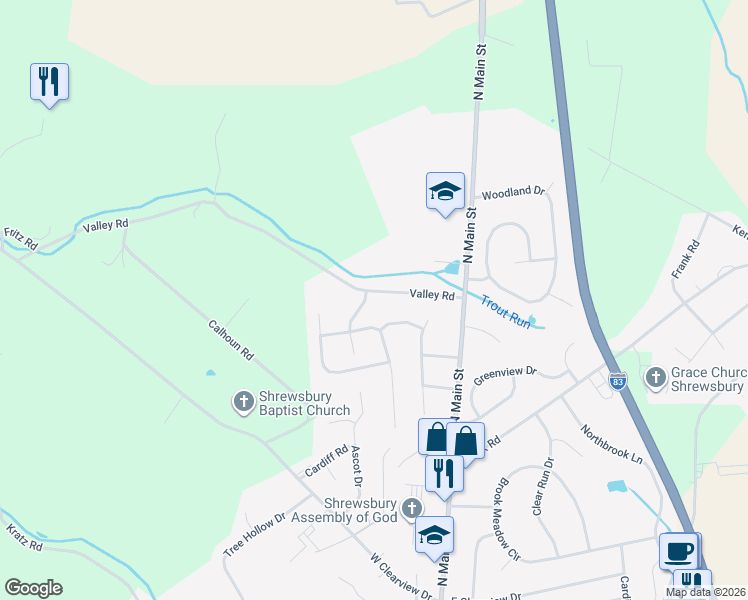 map of restaurants, bars, coffee shops, grocery stores, and more near 34 Valley Road in Shrewsbury