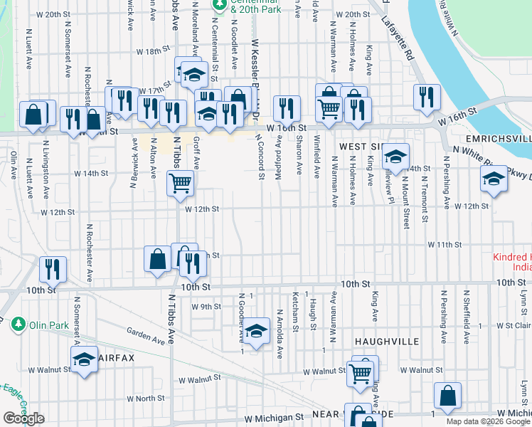 map of restaurants, bars, coffee shops, grocery stores, and more near 1206 North Concord Street in Indianapolis
