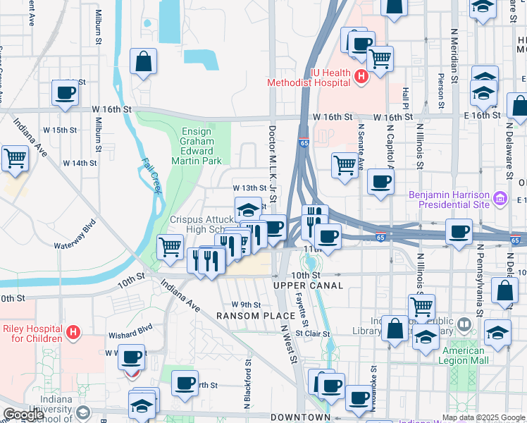 map of restaurants, bars, coffee shops, grocery stores, and more near 1226 Doctor Martin Luther King Junior Street in Indianapolis