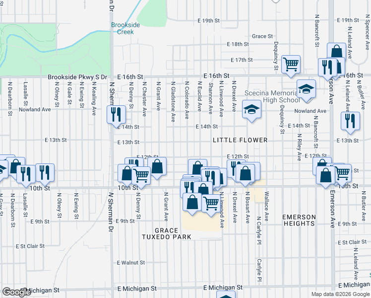 map of restaurants, bars, coffee shops, grocery stores, and more near 1301 North Colorado Avenue in Indianapolis