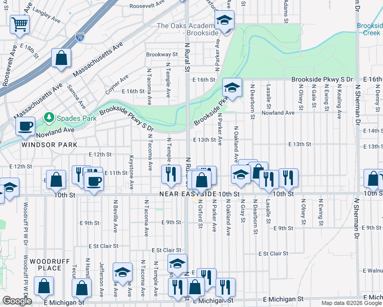 map of restaurants, bars, coffee shops, grocery stores, and more near 1226 North Rural Street in Indianapolis