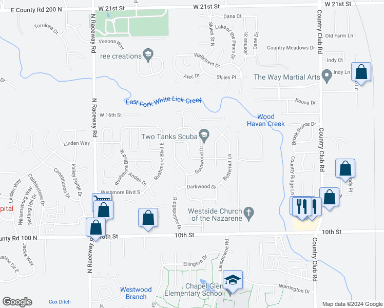 map of restaurants, bars, coffee shops, grocery stores, and more near 8828 Timberwood Drive in Indianapolis