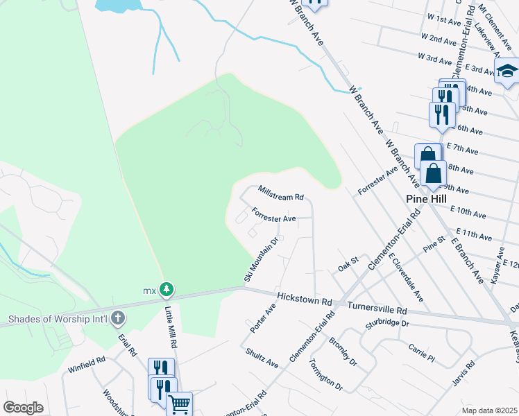 map of restaurants, bars, coffee shops, grocery stores, and more near 14 Players Lane in Pine Hill