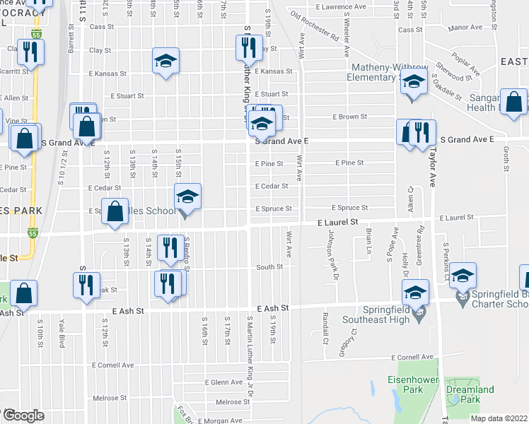 map of restaurants, bars, coffee shops, grocery stores, and more near 1820 East Spruce Street in Springfield