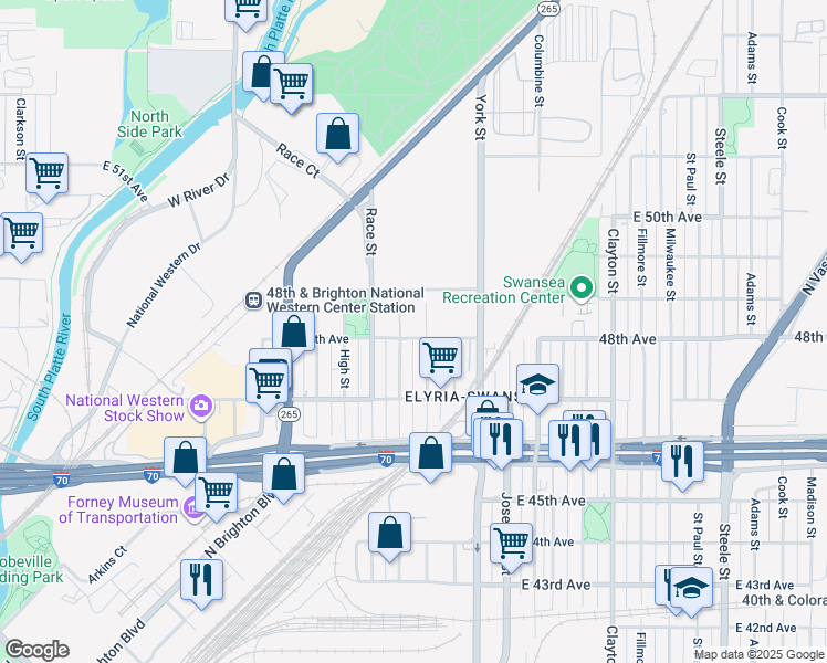map of restaurants, bars, coffee shops, grocery stores, and more near 2121 East 48th Avenue in Denver