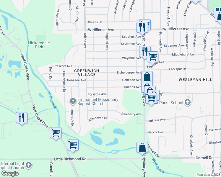 map of restaurants, bars, coffee shops, grocery stores, and more near 4513 Queens Avenue in Dayton